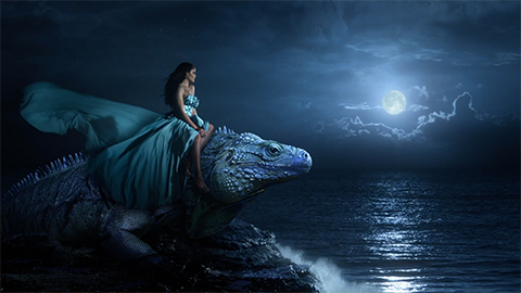 Woman sitting on iguana by the ocean on a moonlit night