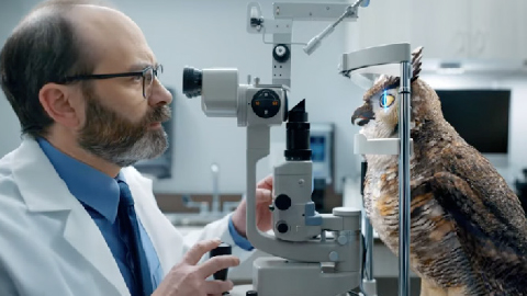Doctor giving eye exam to owl