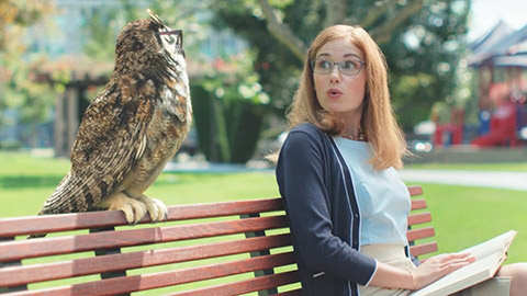 Woman on bench talking to owl sitting on back of bench
