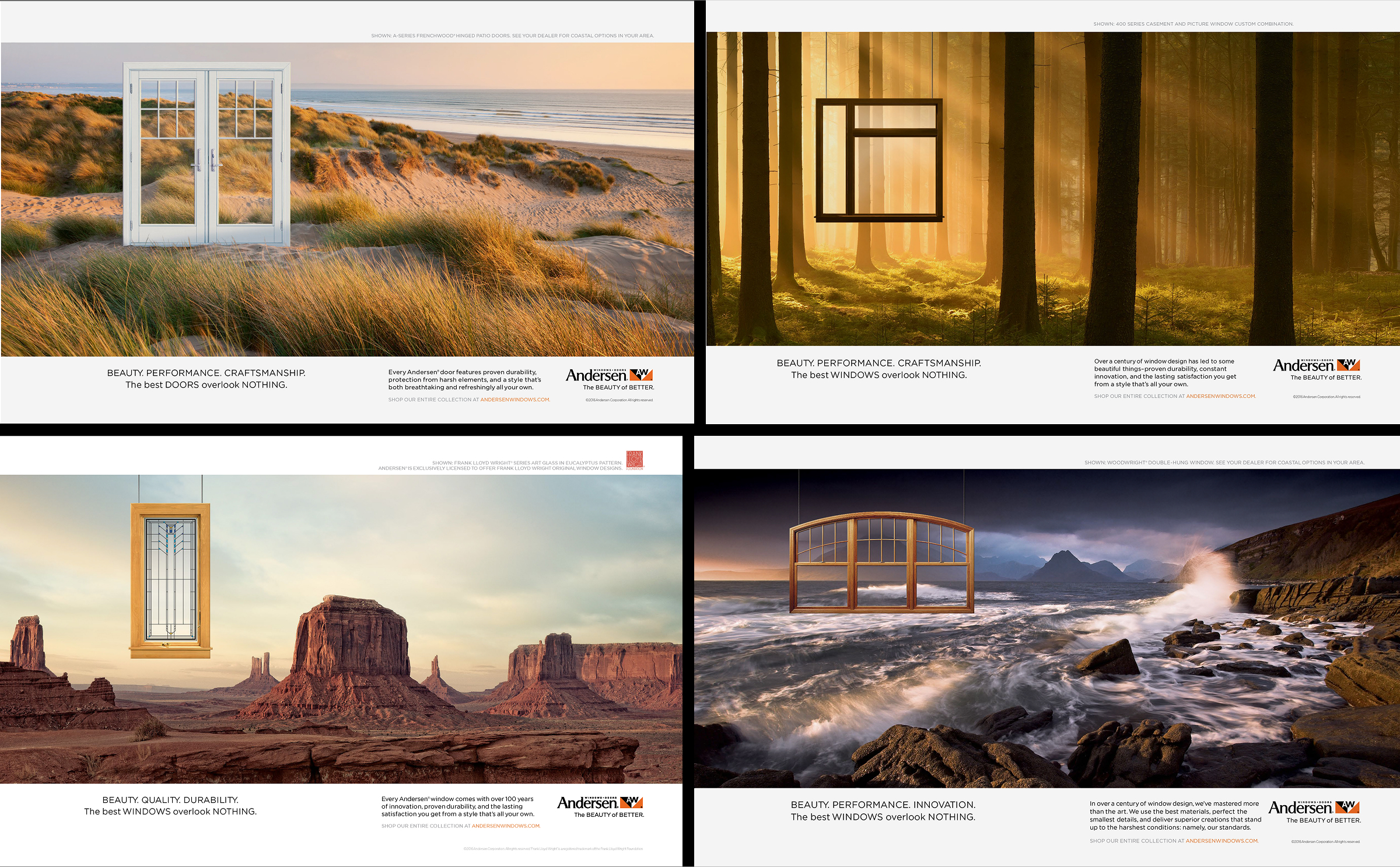 Examples of Andersen print ads showing windows and doors in stylized landscapes