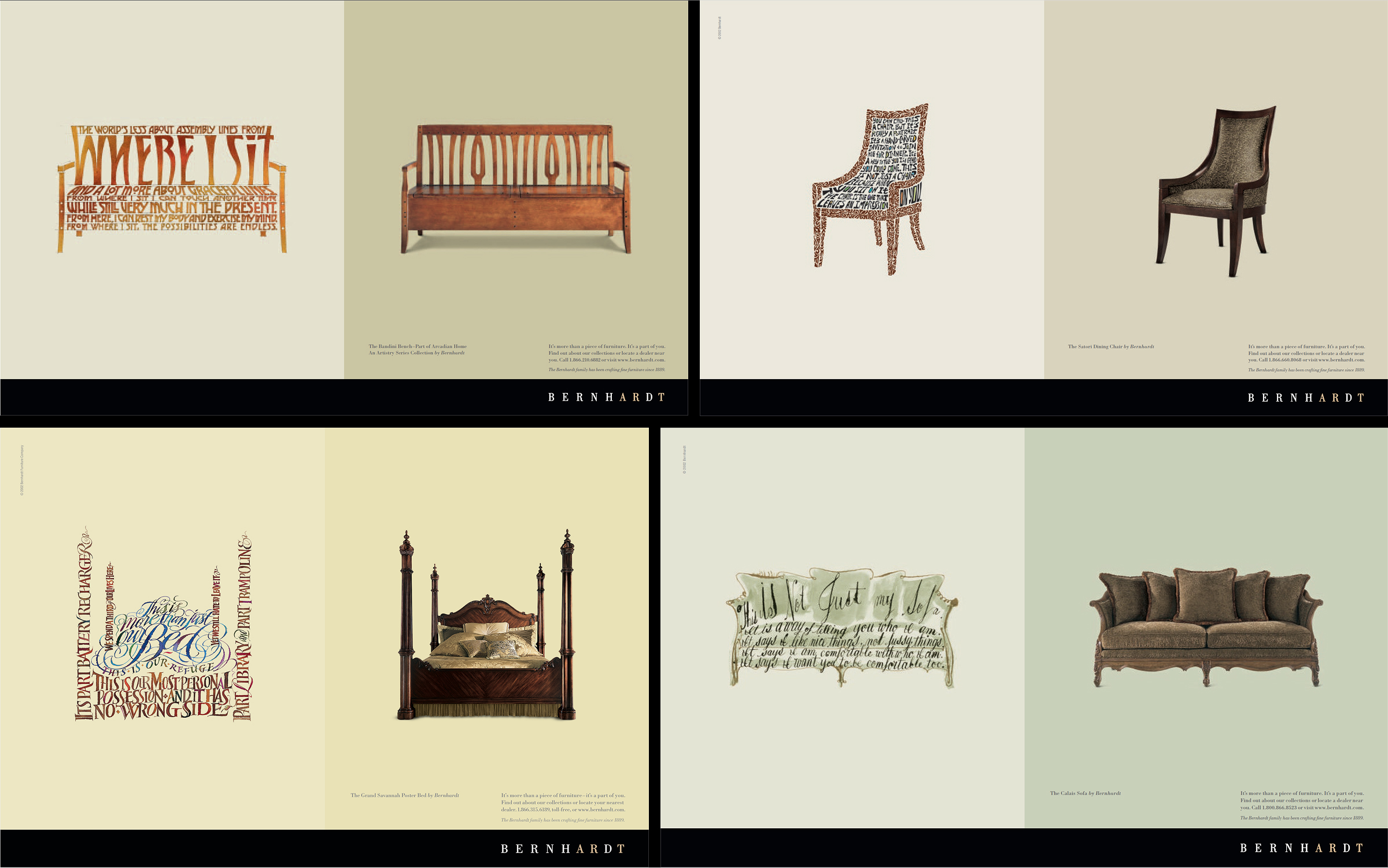 Examples of Bernhardt print ads showing pieces of furniture with words describing them in the same shape as the furniture