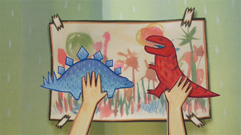 Drawing of child playing with two dinosaur toys