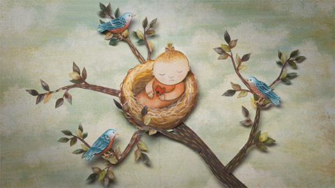 Drawing of child in a nest surrounded by bluebirds on the tree limbs