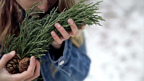 Woman holding pine cones and branches