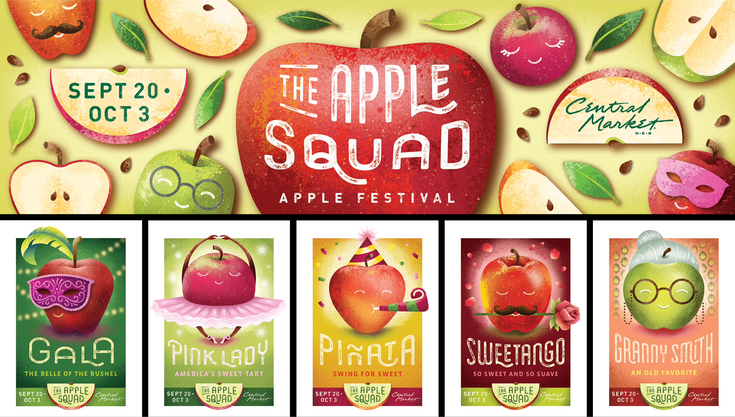 Central Market The Apple Squad print ad featuring different types of apples