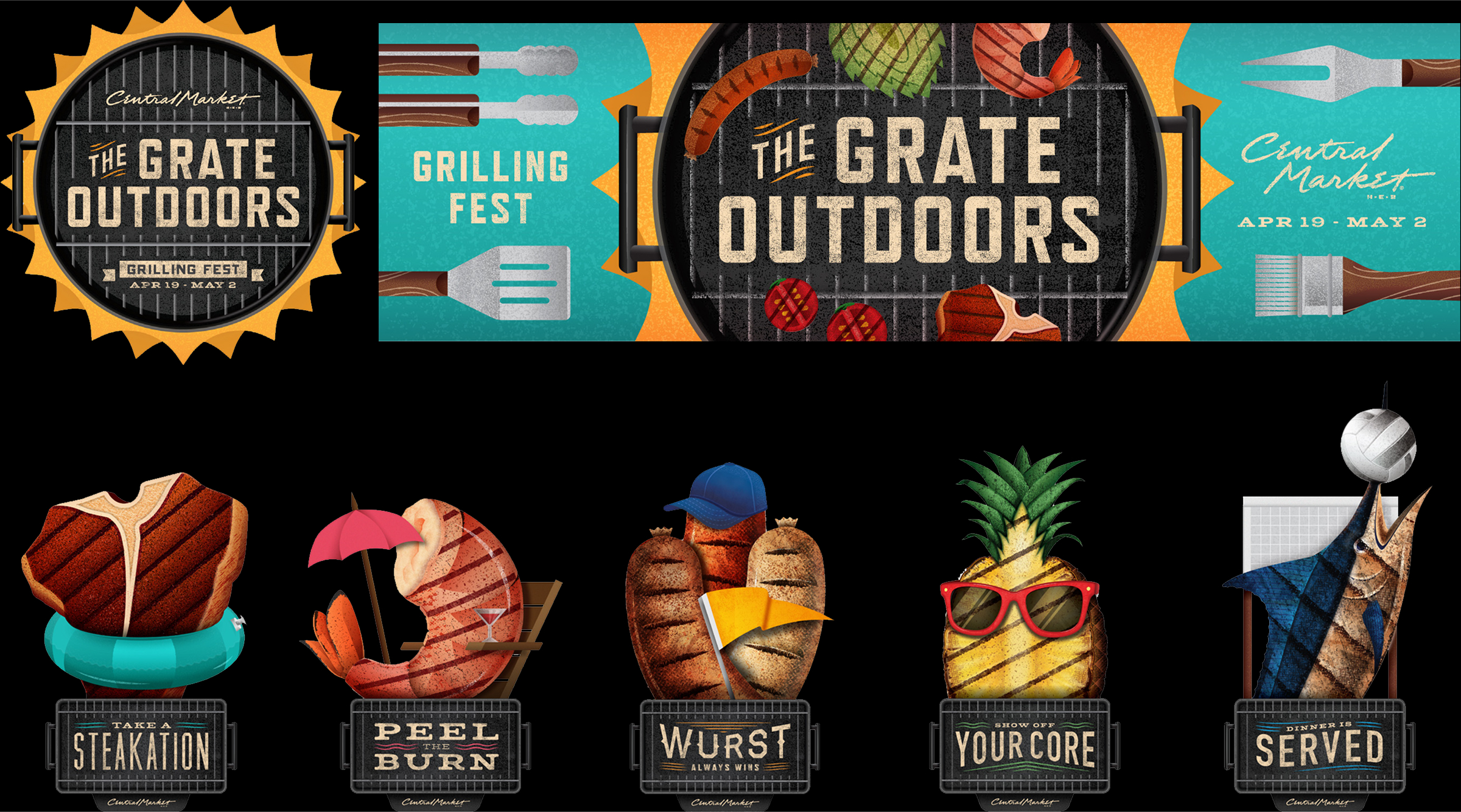 Central Market Grate Outdoors signage featuring different food items for the grill