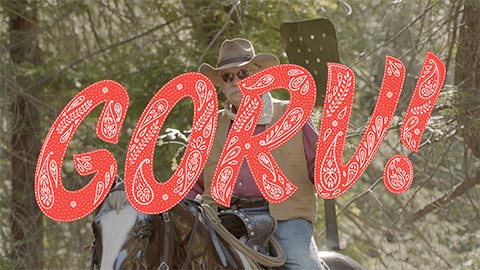 Man on horse with GORV! superimposed on the image