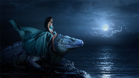 Woman riding iguana overlooking a moonlit sea