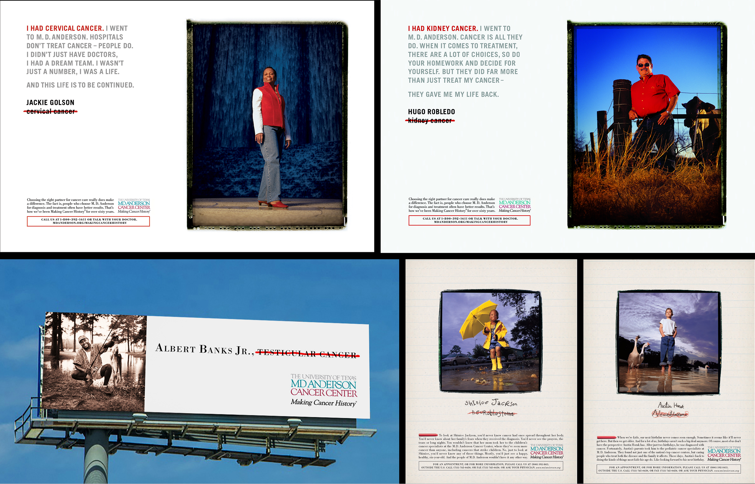 Examples of advertising for MD Anderson, including print ads and billboards