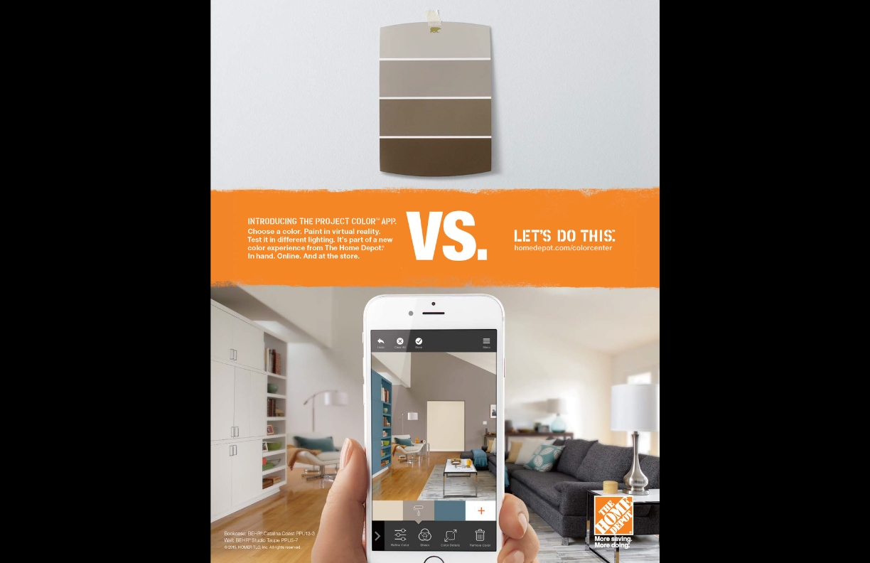 Introducing the Project Color App. Choose a color. Paint in virtual reality. Test it in different lighting. It's part of a new color experience from The Home Depot. In hand. Online. At the store. Let's Do This.