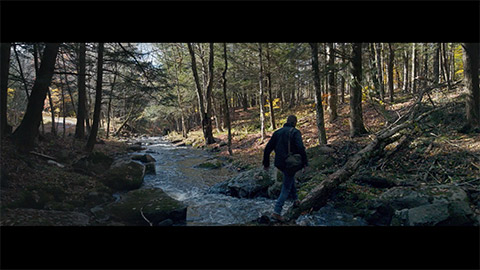 Person hiking through stream in the woods