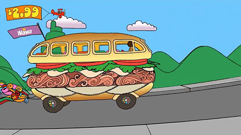 Cartoon-like drawing of hoagie as a bus