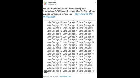 X post with list of Jane Doe and John Doe names and ages