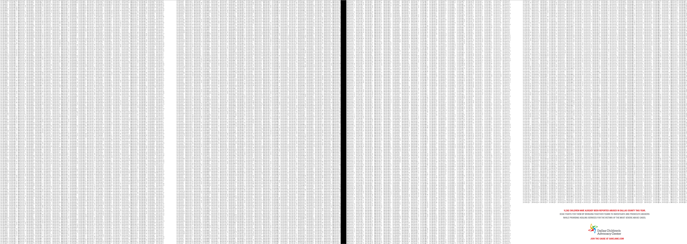 Newspaper ad with long list of Jane Doe and John Doe names and ages representing Dallas Children's Advocacy Center