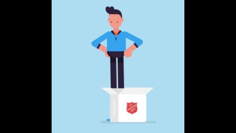 Cartoon person standing next to open box with The Salvation Army logo