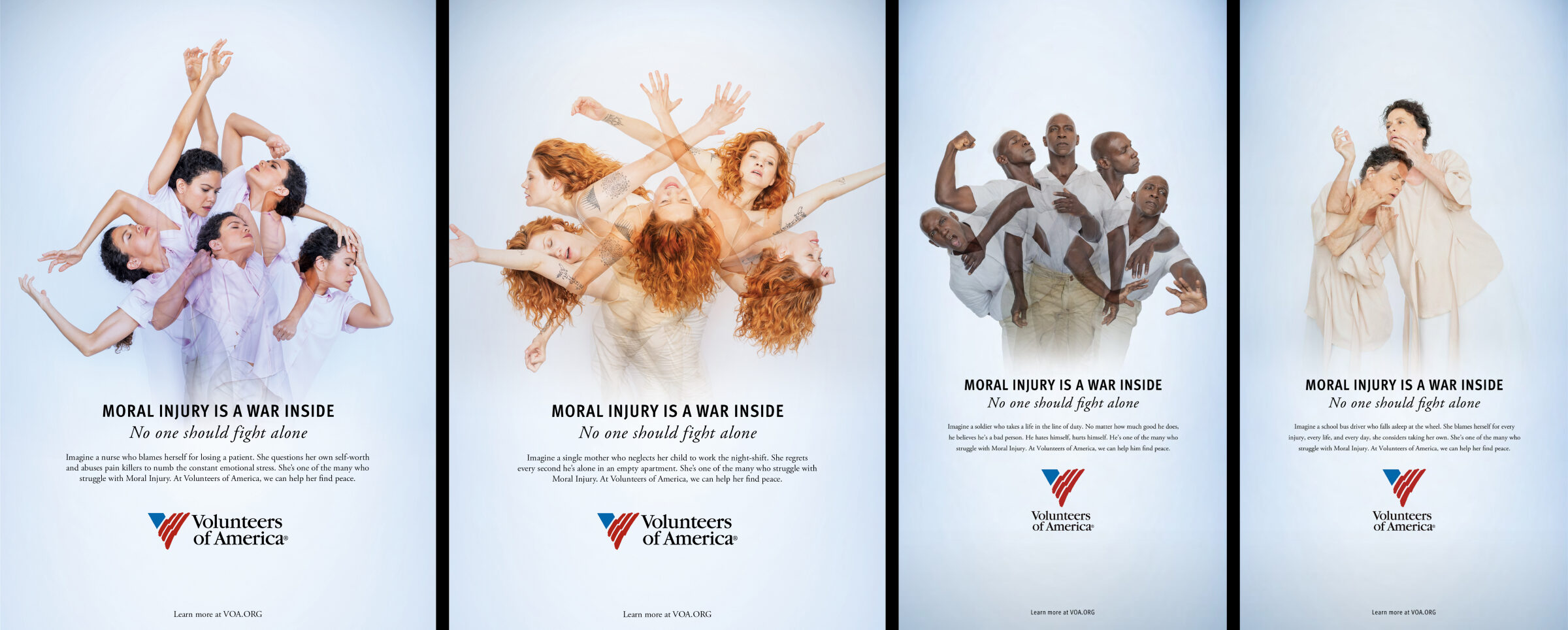 Examples of Volunteer of America print ads: Moral injury is a war inside - no one should fight alone