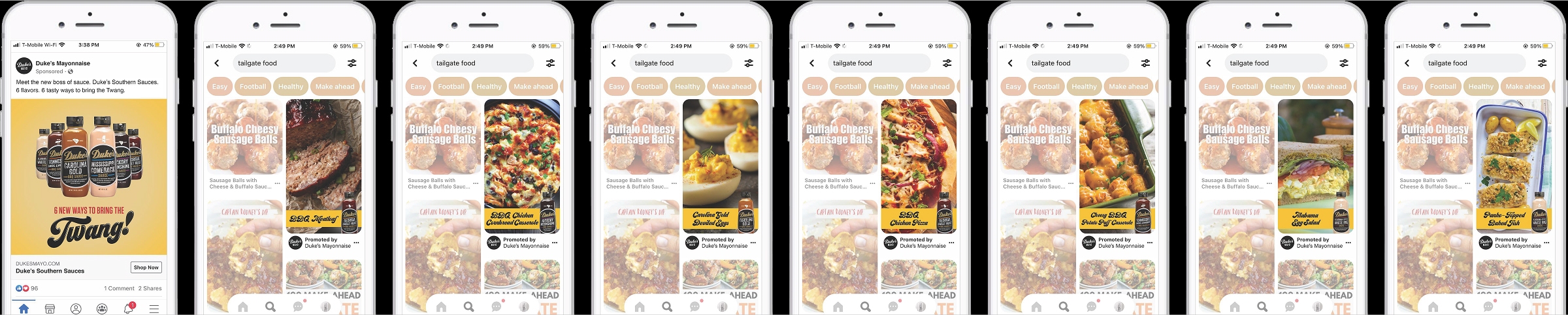 Examples of Duke's Mayonnaise social posts shown on cell phone screens